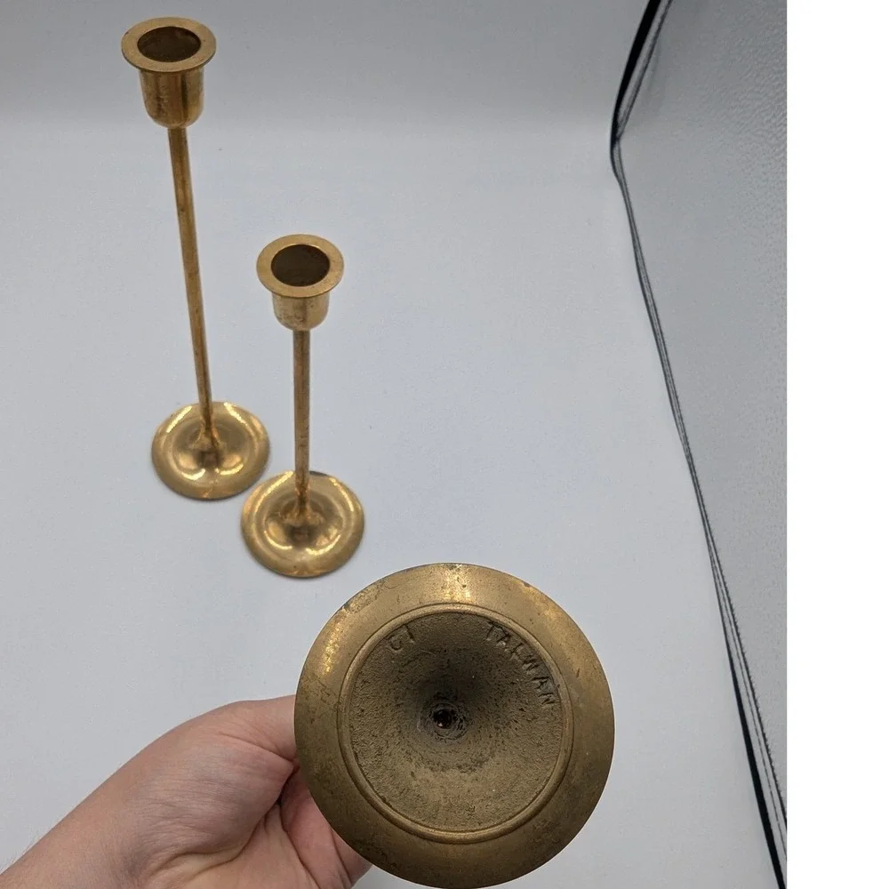 Vintage Brass Candlestick Set Gold Tapered Minimalist Staggered Heights 3pc
